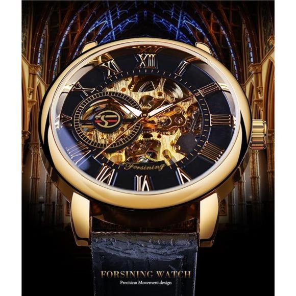 Men's Skeleton Watch Steampunk Watch Mechanical Watch for Men Retro, Black Band - Picture 3 of 6